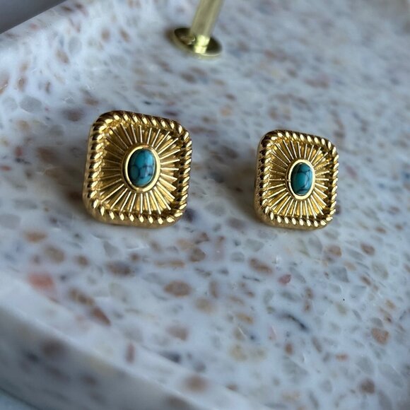18K gold plated Turqoise studs earrings square, stainless steel - Picture 1 of 4